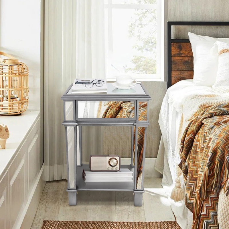 Mirrored Nightstand: Open Shelf, Drawer & Silver Tapered Legs