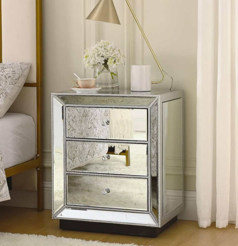 Mirrored Nightstand: Silver Beaded Trim & Crystal Knobs Chest