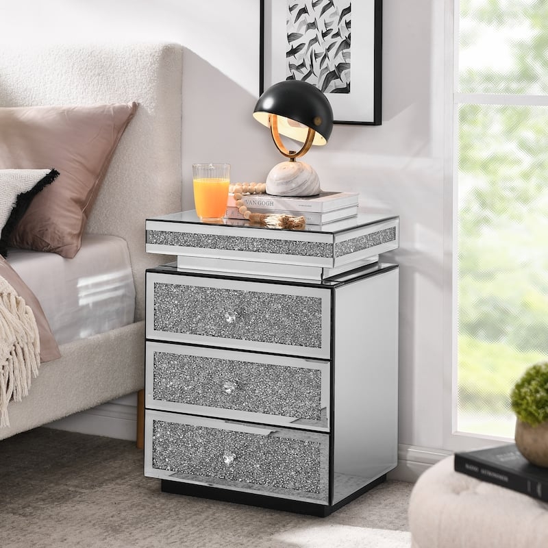 Mirrored Nightstand with Drawers, Couch Side Table with Crystal Pulls,  Living Room Side Table with Crushed Decorate