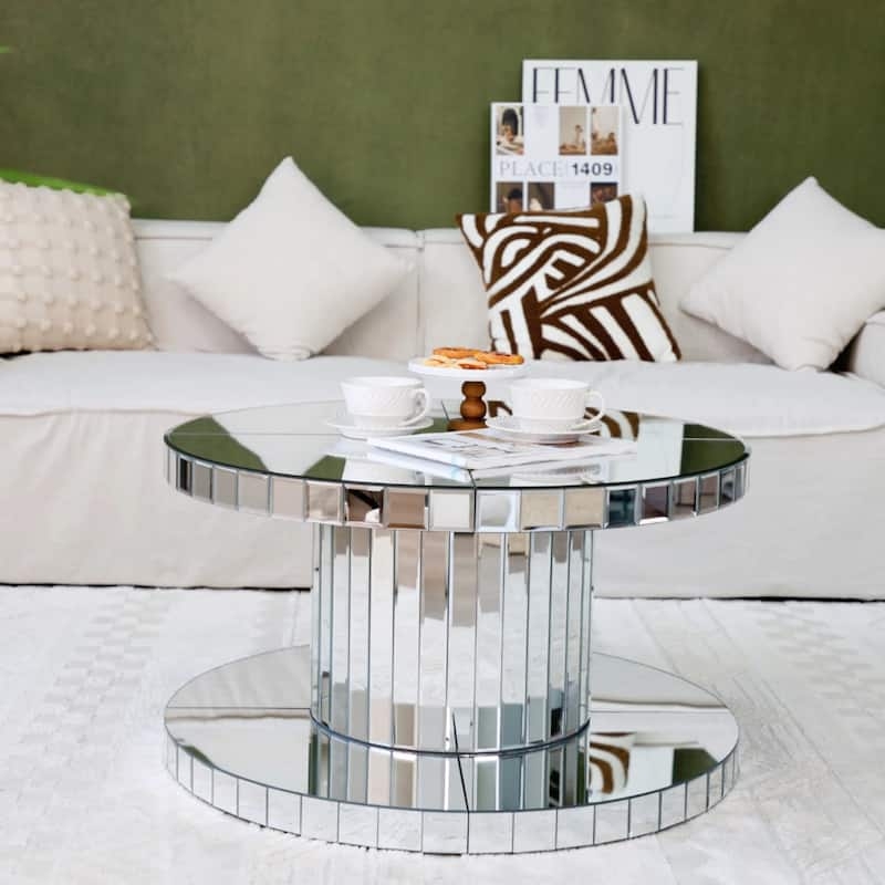 Mirrored Round Coffee Table Mosaic Edge Fluted Pedestal Base Double Tier