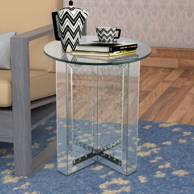 Mirrored Round End Table X-Base Crystal Accents Beveled Glass Top