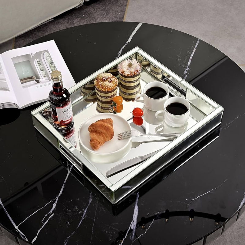 Mirrored Tray, Polished Silver, Mirrored Bottom, Cutout Handles, Glam