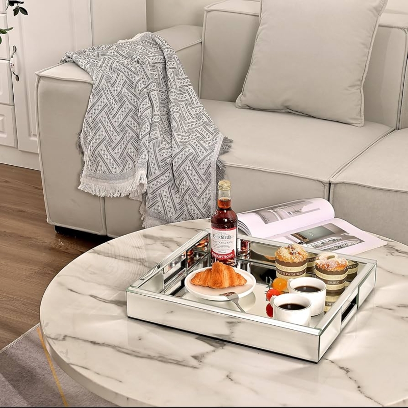 Mirrored Tray, Rectangular Frame, Silver, Cutout Handles, Glam Decor