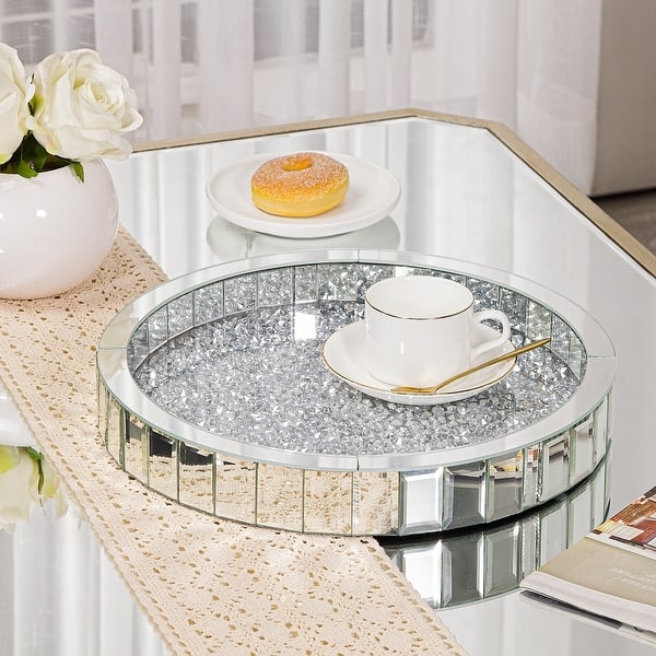 Mirrored Tray, Round, Crushed Diamond Base, Beveled Mirror Panels, Silver