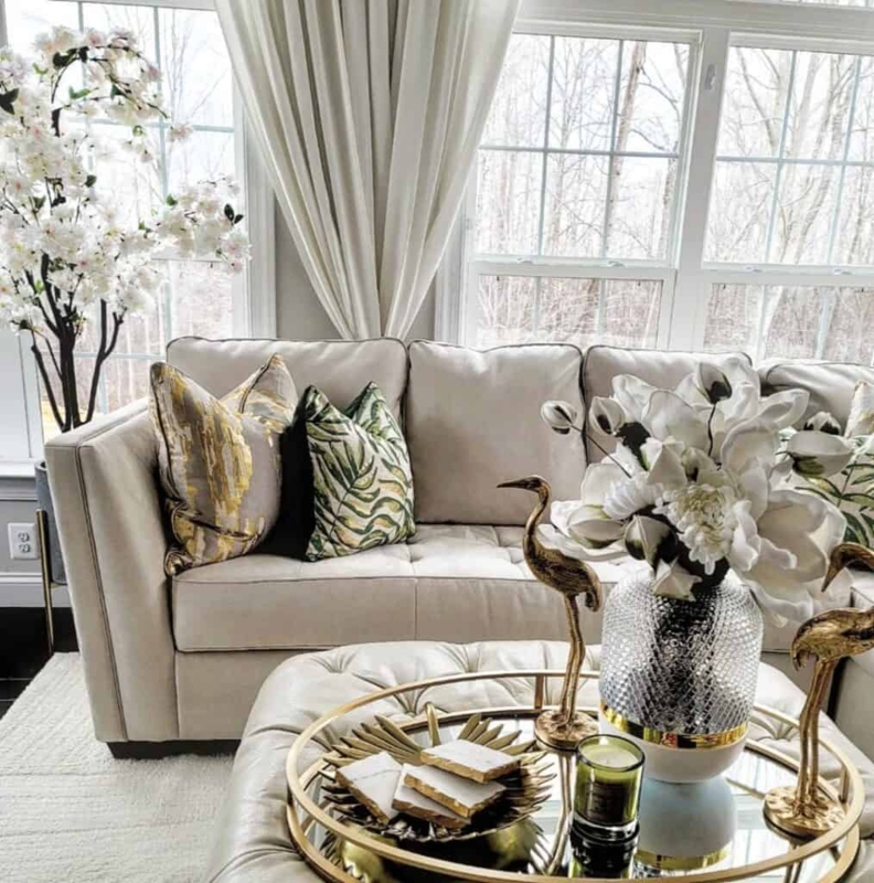 Mirrored Tray, Round, Gold Bird Figurines, Tufted Ottoman Coffee Table