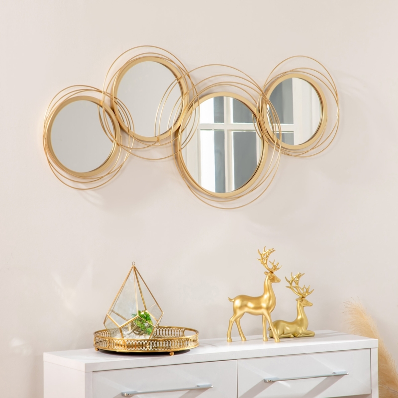 Mirrored Wall Art Overlapping Gold Wire Rings Varying Sizes Decor
