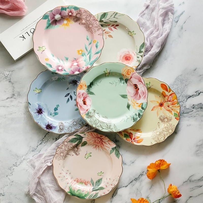 Mismatched Floral Dessert Plates, Watercolor Porcelain Set