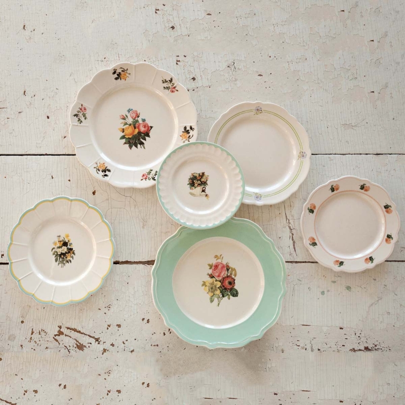 Mismatched Floral Plates Set, Antique-Inspired with Fluted Rims