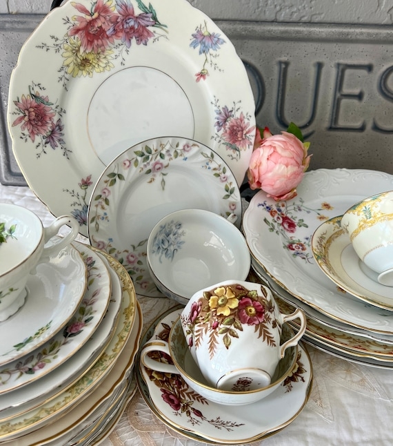 Mismatched Vintage China Set, Curated Floral with Gold Rims