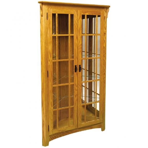Mission Corner Curio Cabinet with Glass Shelves in Honey Oak