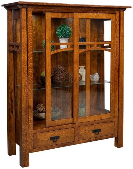 Mission Curio Cabinet with Sliding Glass Doors in Honey Brown