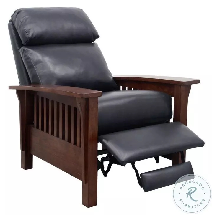Mission Recliner Navy Blue Leather-Like Walnut Brown Plush Headrest