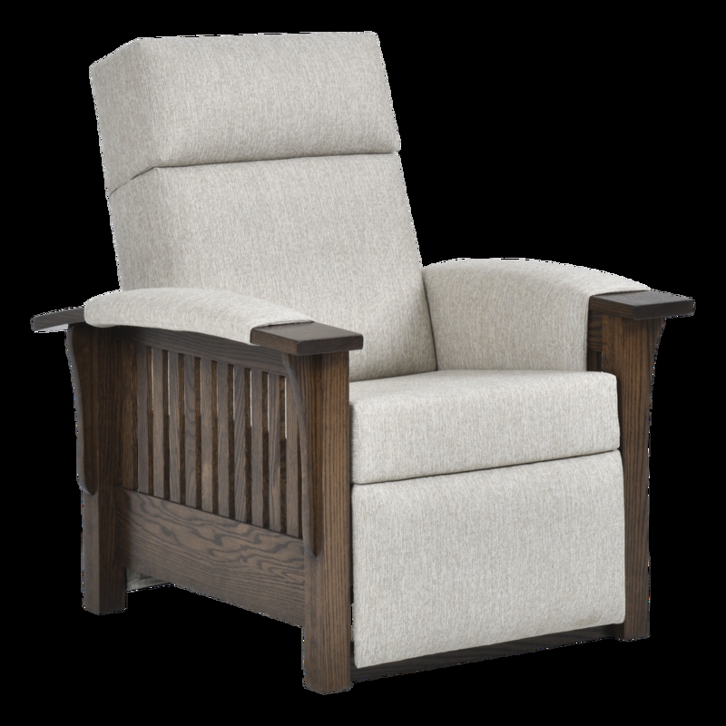Mission Recliner Padded Wooden Arms Oatmeal Beige Fabric Espresso
