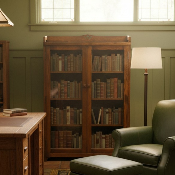 Mission Style Bookcase Curio in Walnut with Glass Doors