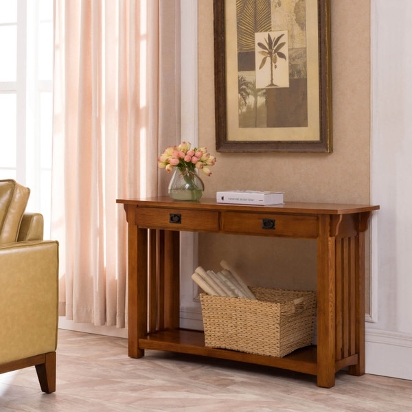 Mission Style Console Table Medium Oak Slatted Sides Dark Hardware