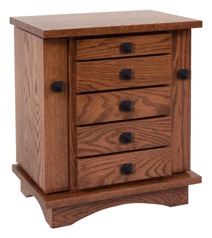 Mission Style Jewelry Chest Honey Brown Arched Valance Base Five Drawers