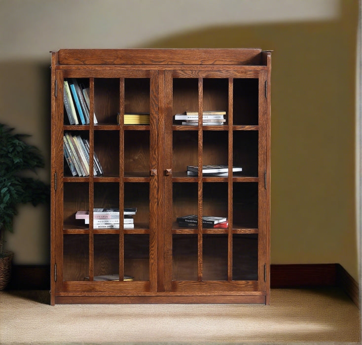 Mission Style Walnut Bookcase with Exposed Hinges and Glass Doors