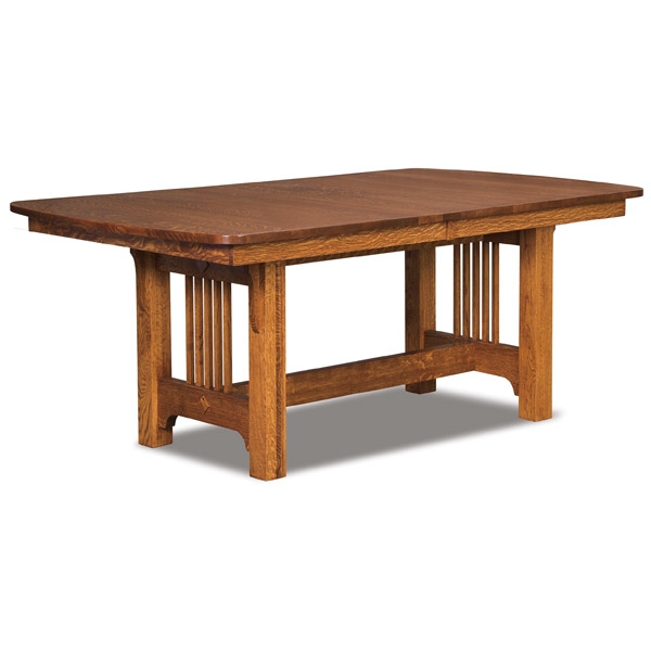 Mission Trestle Dining Table Reddish Brown Vertical Slats Diamond Inlay
