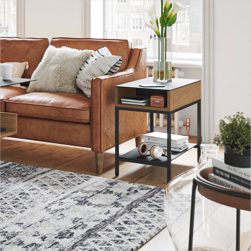 Mixed Material End Table with Open Cubby and Slim Black Frame