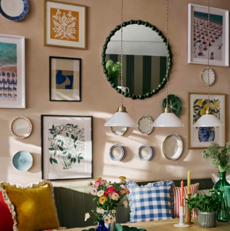 Mixed Media Gallery Wall with Beaded Mirror and Cone Pendant Lights