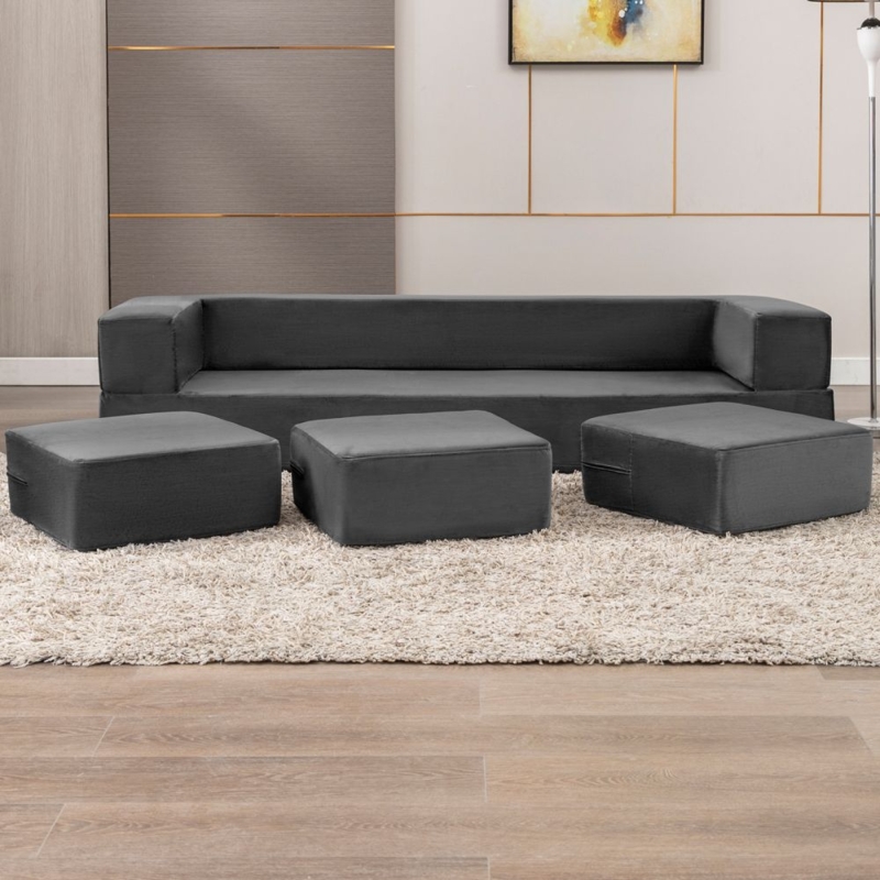 Mjkone Sectional Sleeper Sofa Convertible Sofa Bed with Futon Ottomans Dark Grey