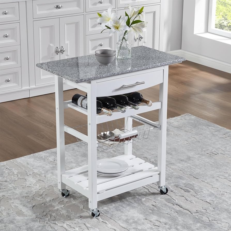 Mobile Kitchen Cart featuring Speckled Stone Top and Pull Out Basket