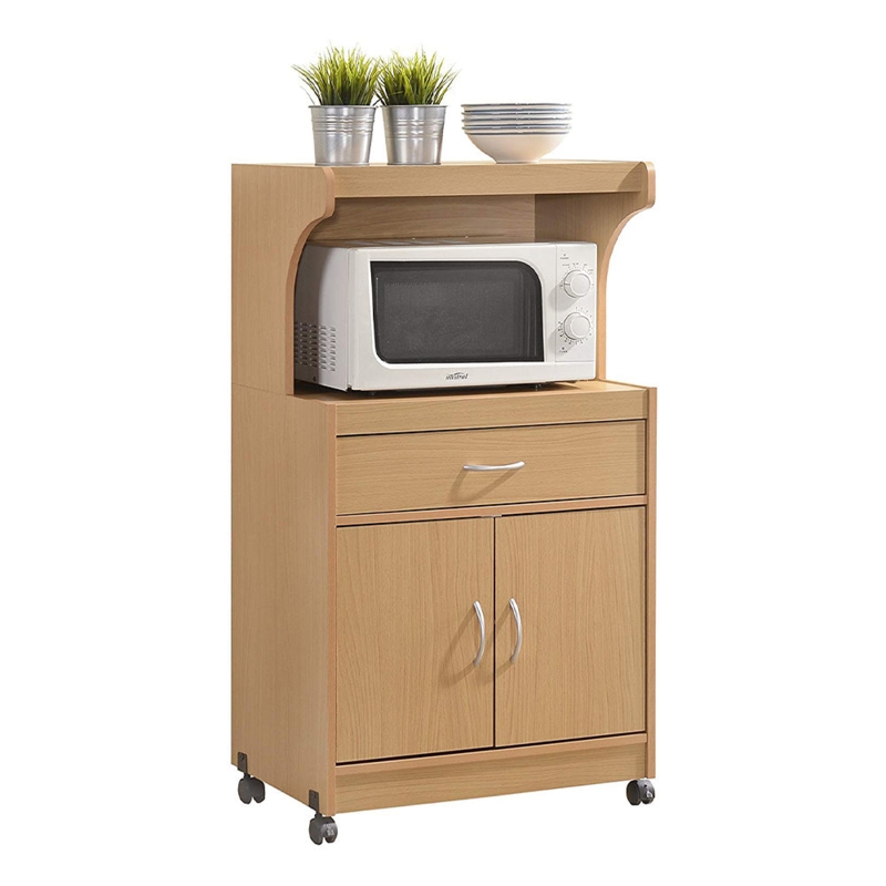 Mobile Kitchen Cart in Light Wood Tone with Integrated Hutch