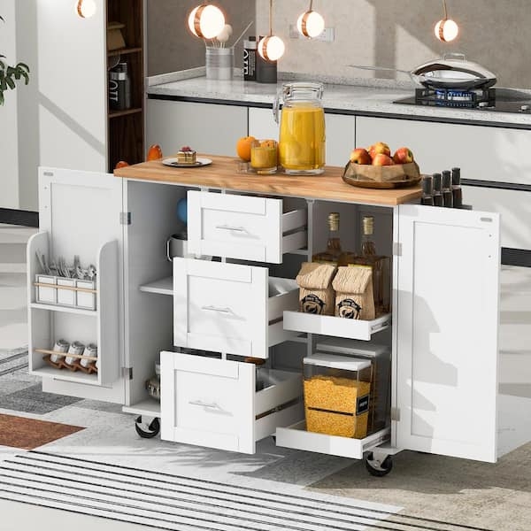 Mobile Kitchen Island Pull-Out Shelves Spice Door