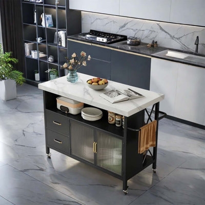 Mobile Kitchen Island with Reeded Glass Doors and Marble Look Top