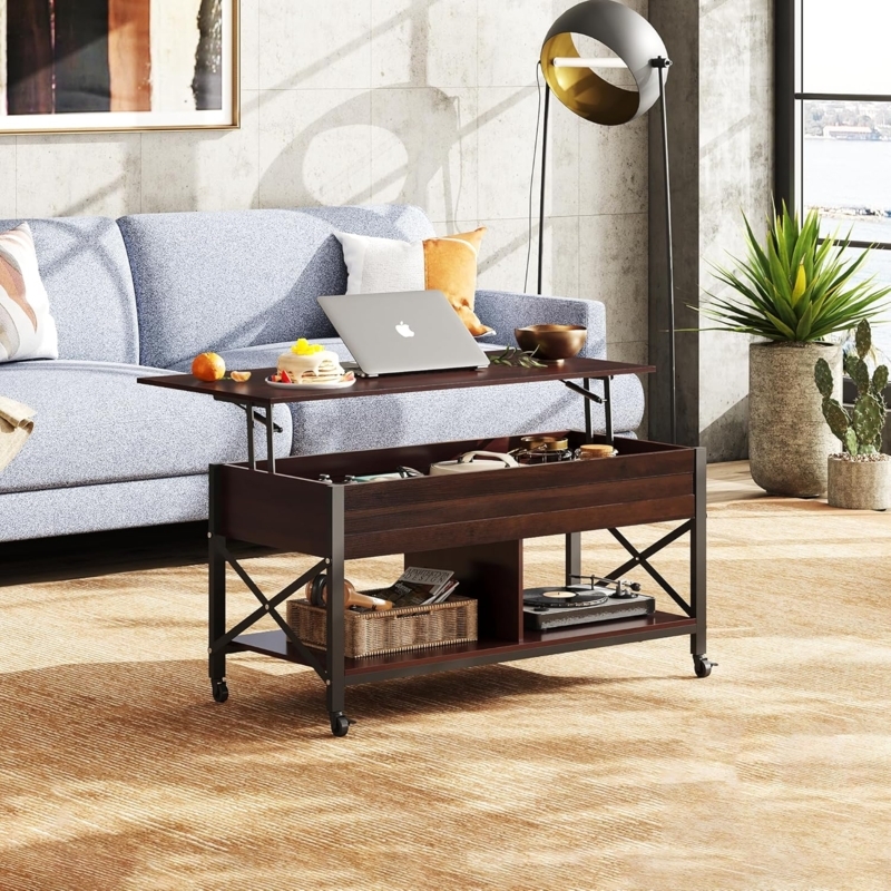 Mobile Lift Top Coffee Table with Locking Casters and Storage