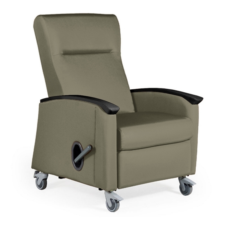 Mobile Medical Recliner, Sage Green Upholstery, Locking Casters, Lever.