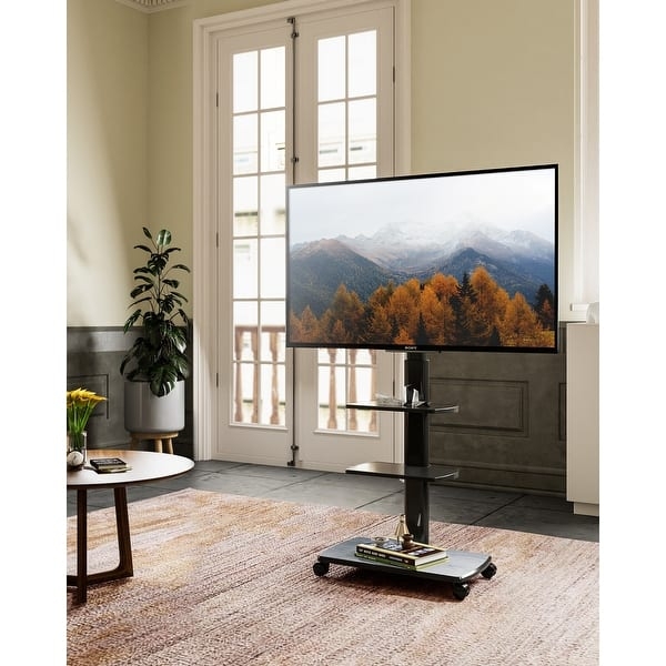 Mobile TV Stand: Tiered Shelving, Locking Wheels, Cable Management, Black.