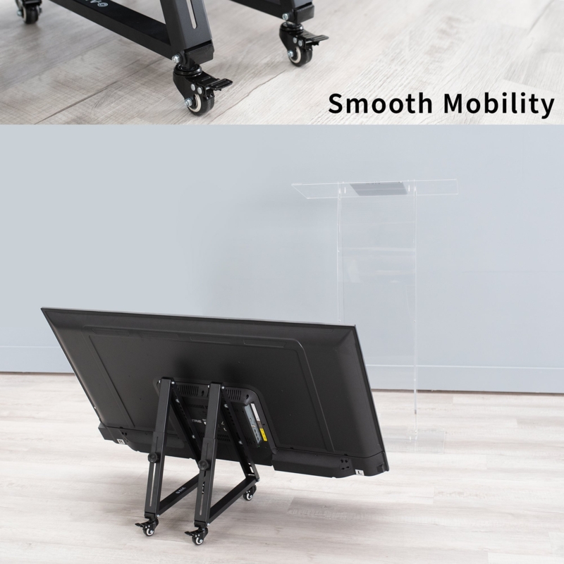 Mobile TV Stand: Tilting Mount, Low Profile Base, Locking Casters.
