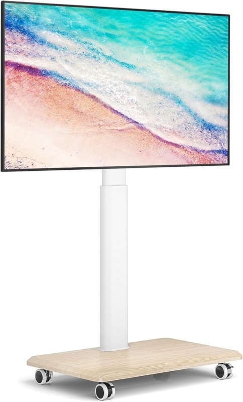 Mobile TV Stand: Wood Grain Mobile Base, White Telescopic Column, Swivel.