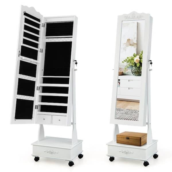 Mobile White Jewelry Armoire with Scroll Detailing and Casters