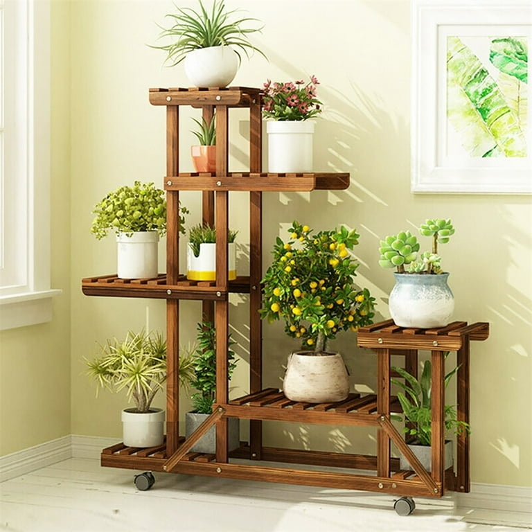 Mobile Wood Plant Stand 6-Tier Slatted Shelves Movable Wheels