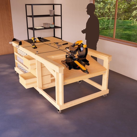 Mobile Woodworking Workbench with Integrated Miter Saw Station