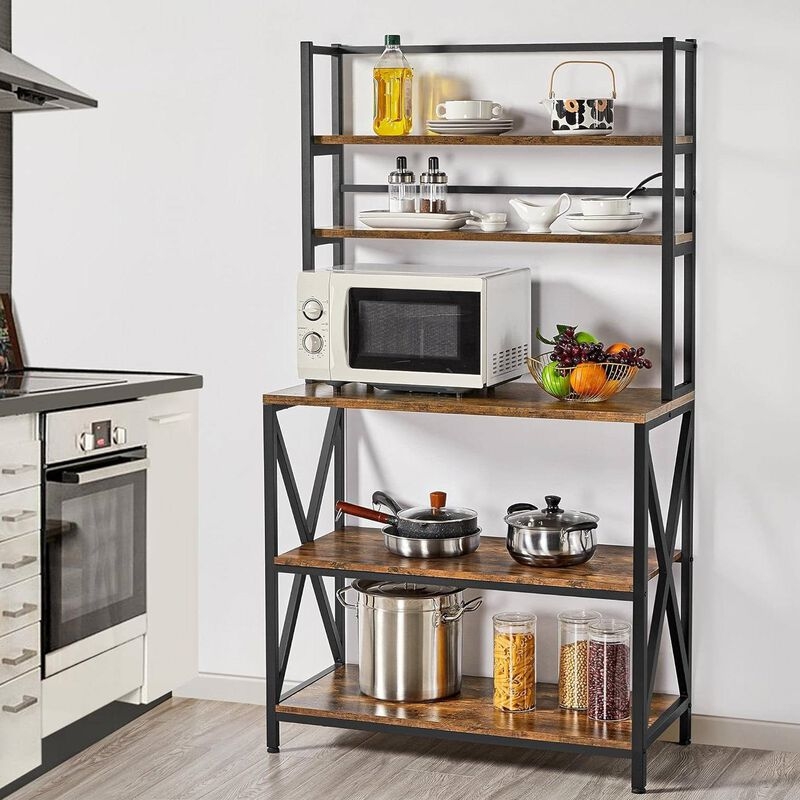 Modern Bakers Rack with X-Frame Bracing & Microwave Nook