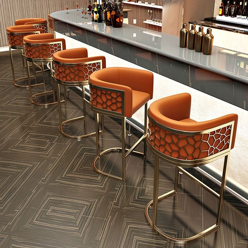 Modern Bar Stool with Honeycomb Lattice Back in Burnt Orange
