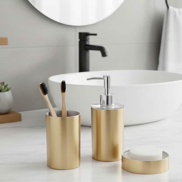 Modern Bathroom Set Brushed Gold Cylindrical Matte Black Accents
