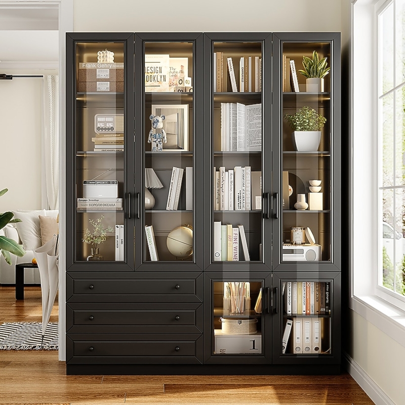 Modern Black Bookcase with Integrated LED Lighting and Glass Doors