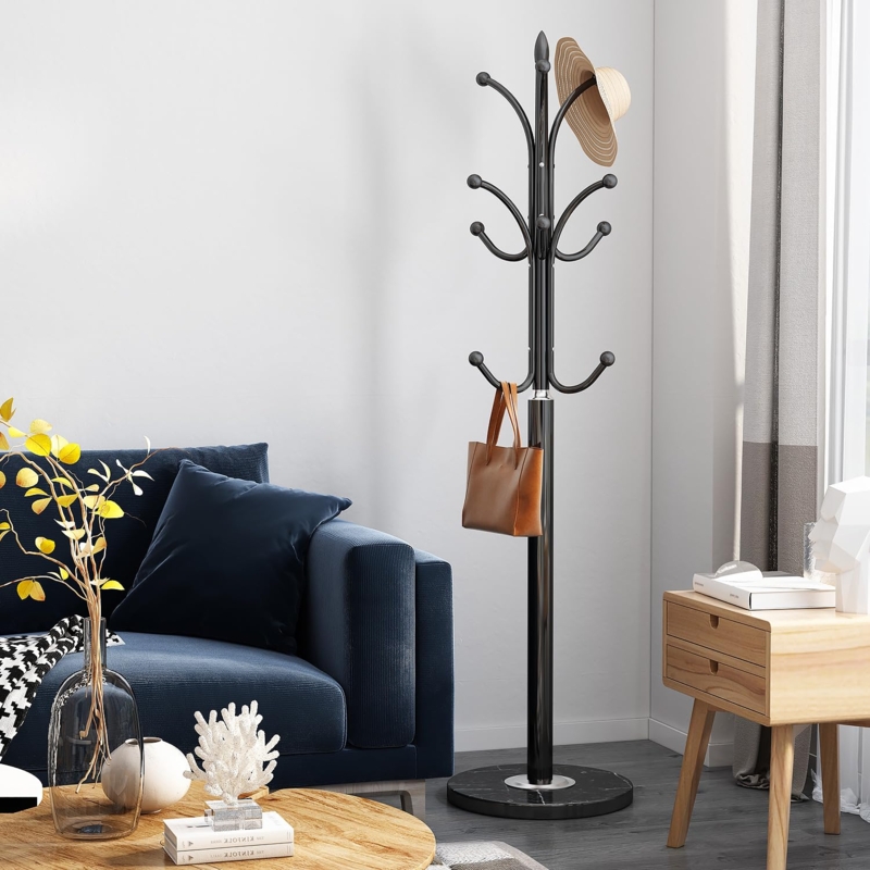 Modern Black Coat Rack: Stone-Like Base with 8 Curved Metal Hooks
