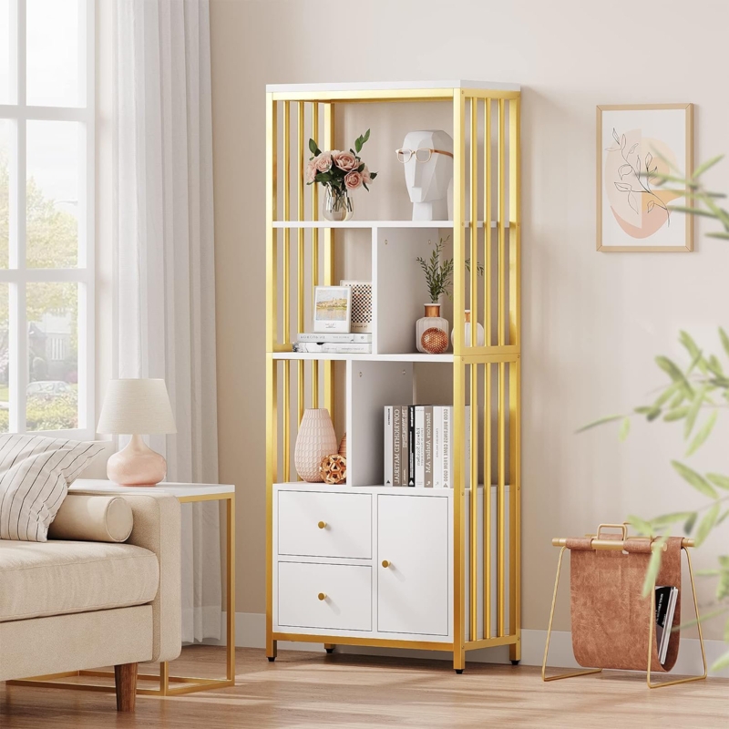 Modern Bookshelf: Vertical Slats with White Storage Drawers