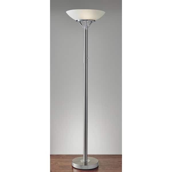 Modern Brushed Steel Torchiere Floor Lamp with Frosted Glass Bowl Shade