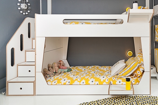 Modern Bunk Bed with Stairs Exposed Ply Detail Yellow Accents