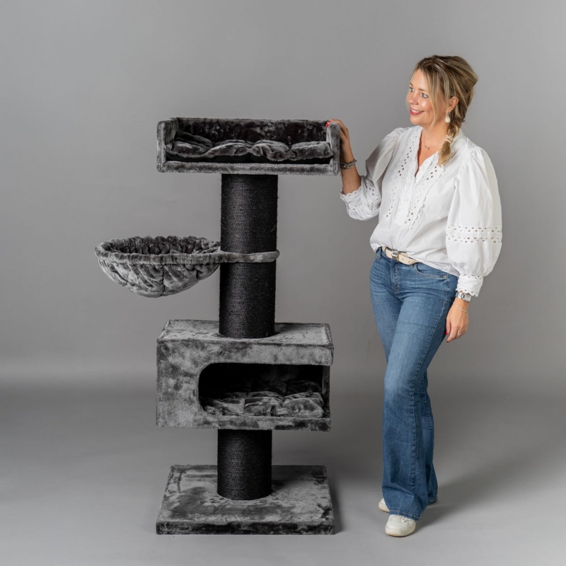 Modern Cat Furniture Black Scratching Posts Dark Grey Plush Condo