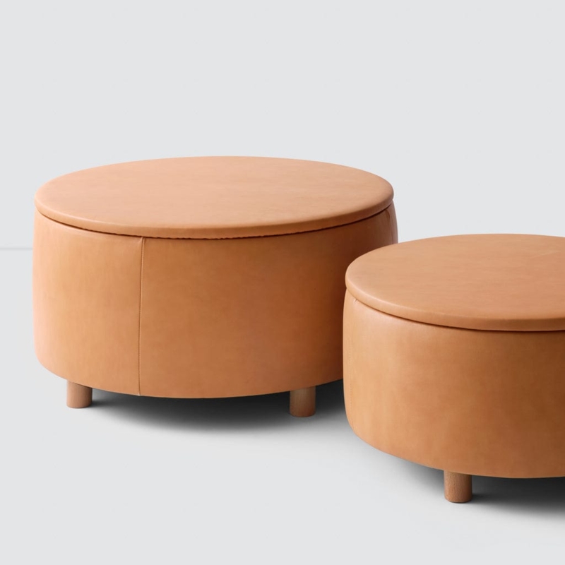 Modern Cylindrical Ottoman Camel Brown Leather Lift Off Lid