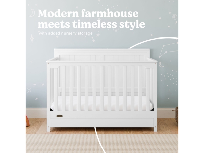 Modern Farmhouse Crib with Beadboard Detail and Crisp Finish Drawer