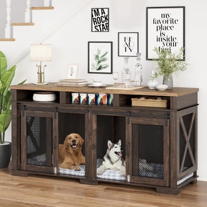 Modern Farmhouse Double Dog Crate Furniture X-Brace Panels Walnut