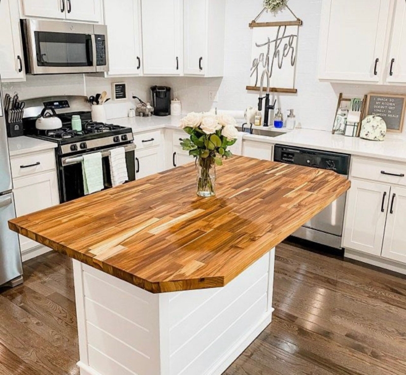 Modern Farmhouse Kitchen Island with White Shiplap Base & Wood Top